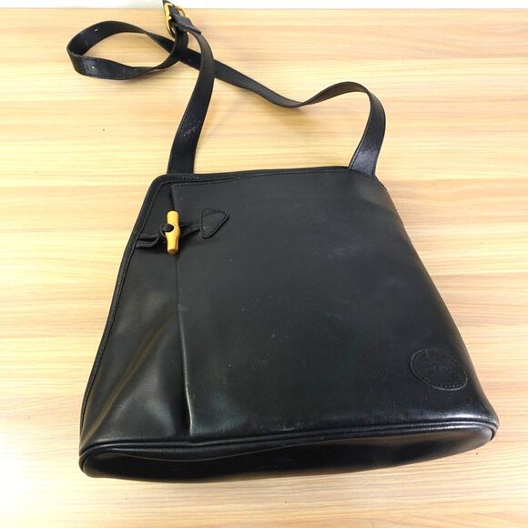 Vintage Longchamp Bag Black‎ Leather Crossbody Purse Bamboo Toggle Roseau DEFECT